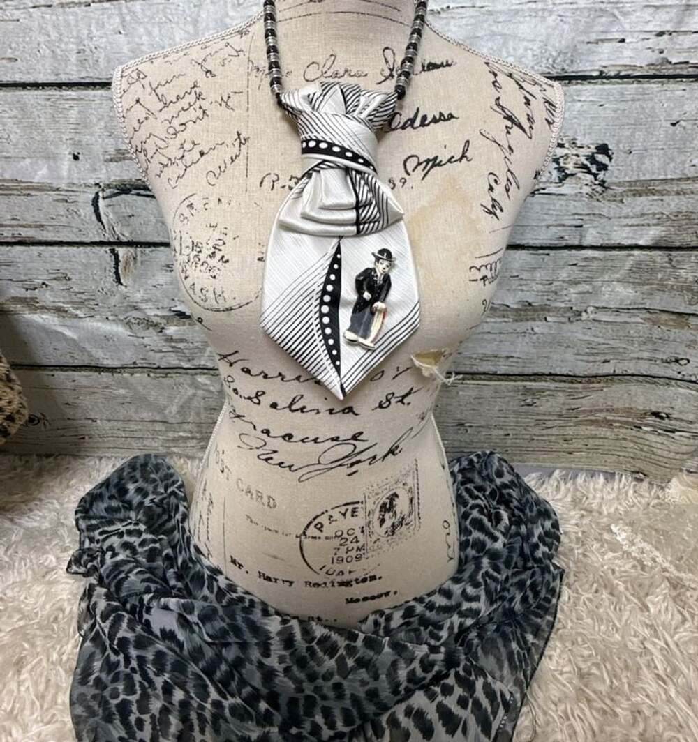 Upcycled Silk Tie Necklace Charlie Chaplin Brooch